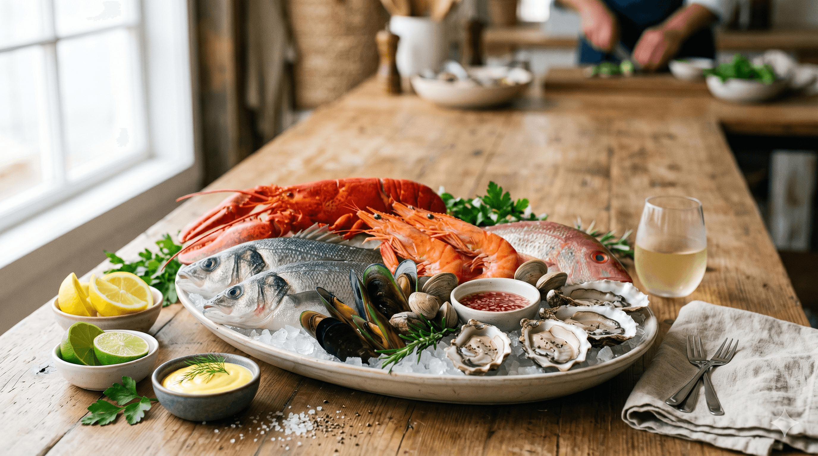 Langostas y mariscos frescos